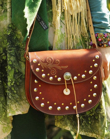 Versatile Use Handcraft retro crossbody leather rivet hand dyed shoulder bag /handbag for women