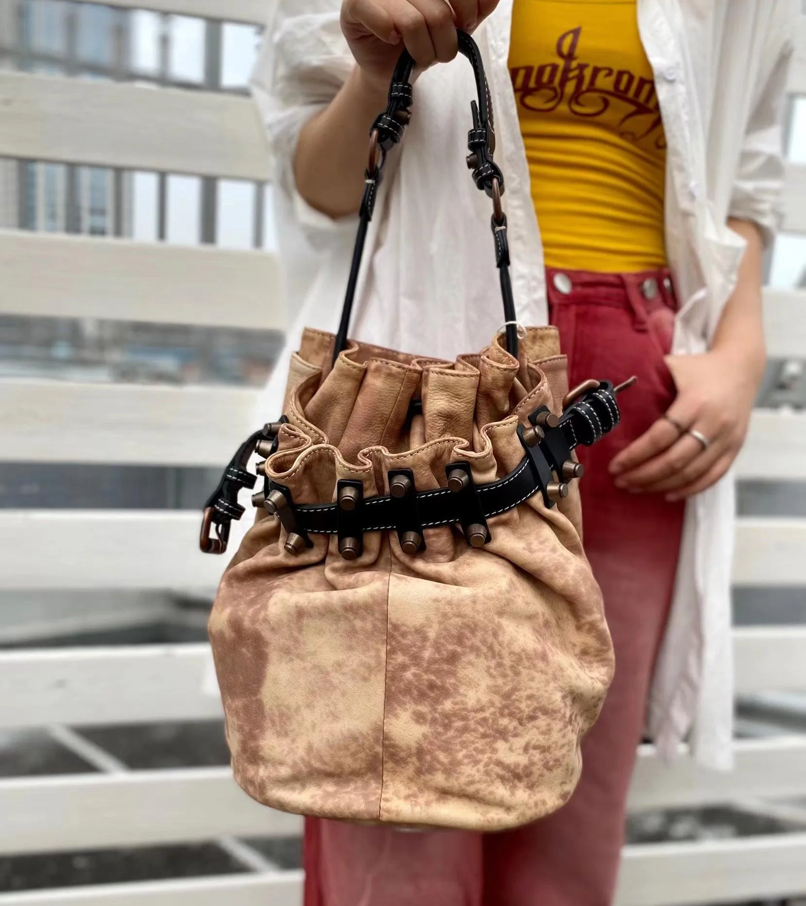 Handcrafted Bohemian Vintage Italian Leather Drawstring Bucket Shoulder Bag | A Perfect Gift for Her Modern Commuter Look