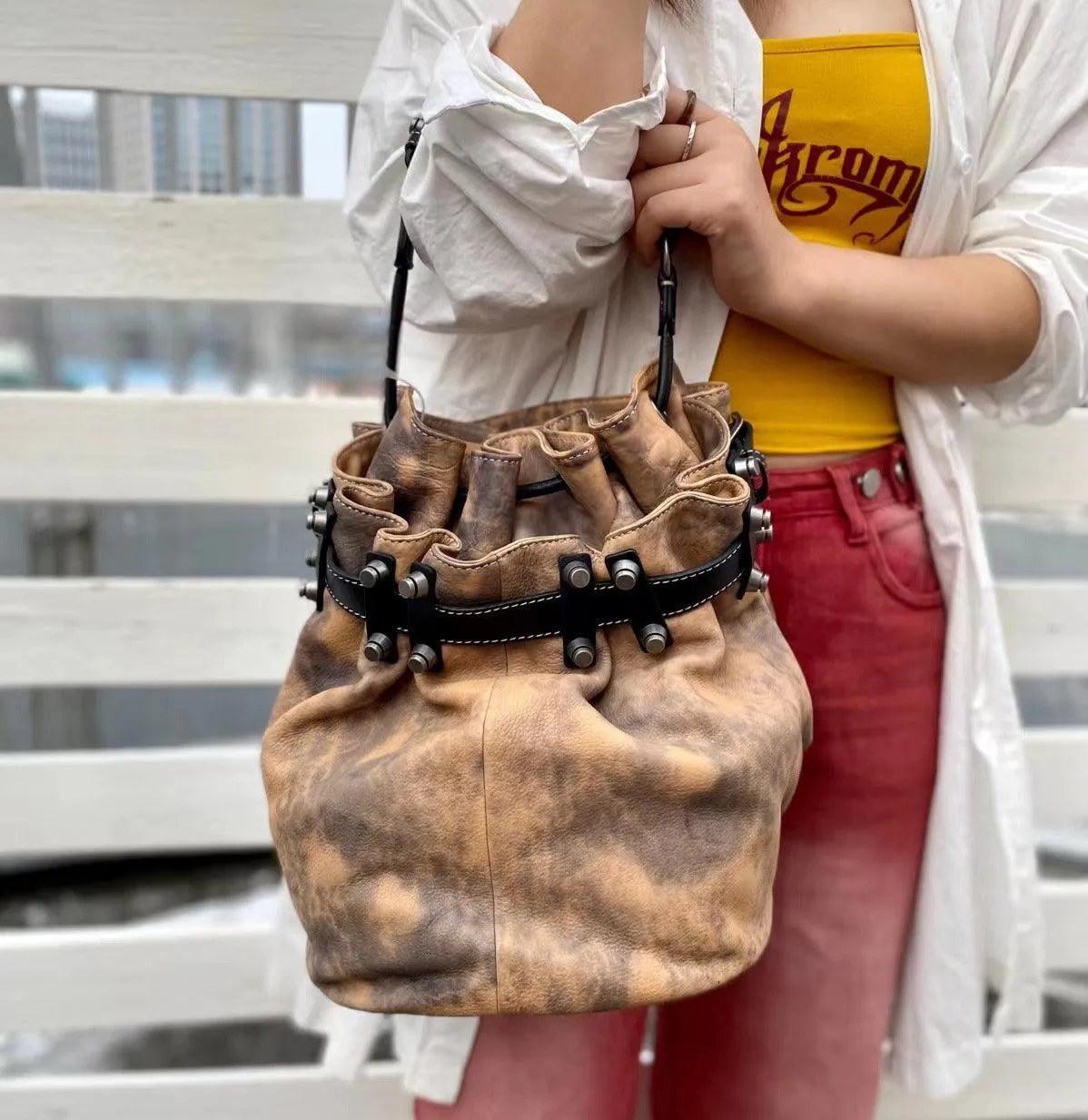 Handcrafted Bohemian Vintage Italian Leather Drawstring Bucket Shoulder Bag | A Perfect Gift for Her Relaxed Chic Look