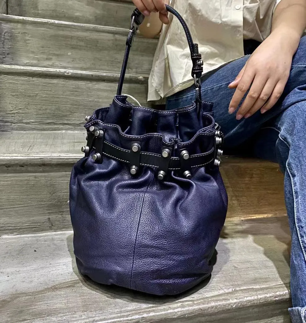 light texture Handcrafted Bohemian Vintage Italian Leather Drawstring Bucket Shoulder Bag | A Perfect Gift for Her