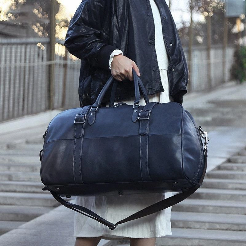 Heavy Shape Handcrafted Full Grain Leather Duffle, Chic Leather Boston Weekender Travel Women Bag, Leather Luggage Carry on Baggage, Gym Bag, Men Leather Bag Alexel Crafts