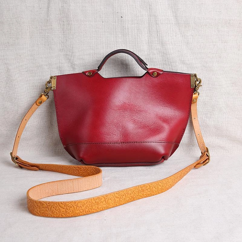 Vintage Womens Brown Leather Tote Purse 12" Shoulder Green Tote Handbags Bags for Ladies Unique shape carrier