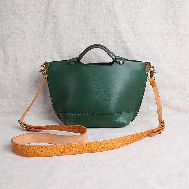 Vintage Womens Brown Leather Tote Purse 12" Shoulder Green Tote Handbags Bags for Ladies Compact Construction Cultural Style