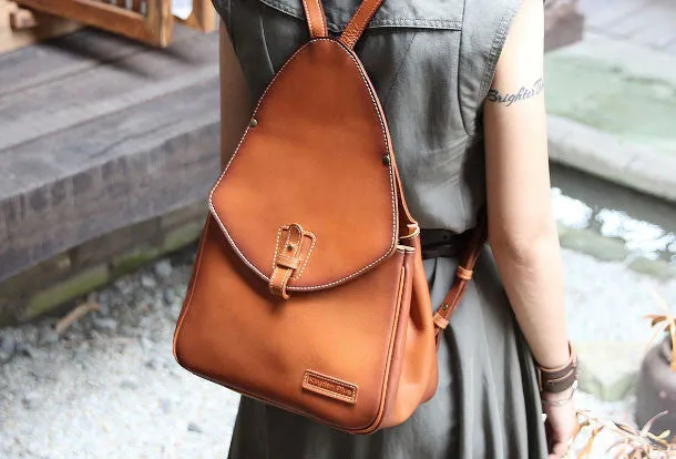 Weekend Style Functional Look Handmade Leather backpack bag shoulder bag camel orange women leather purse