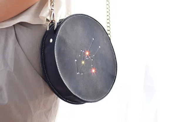 Handmade Leather round bag shoulder bag constellation women leather crossbody bag Modern Everyday