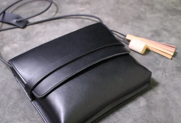 Handmade Leather shoulder bag black tassel for women leather crossbody bag Versatile Carryall Unisex accessory