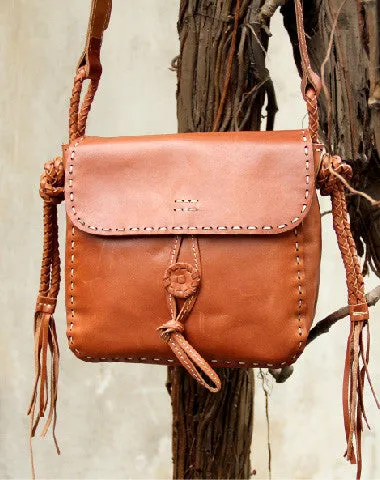 Comfy Everyday Street Aesthetic Handmade vintage rustic brown leather crossbody Shoulder Bag for women girl