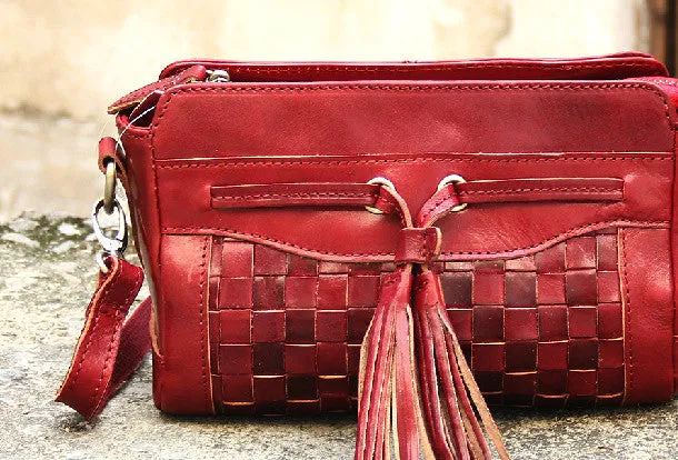 Daily Companion Compact Fashion Handmade vintage rustic leather tassels crossbody Shoulder Bag for girl women lady