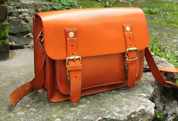 Handmade vintage satchel leather messenger bag orange black beige shoulder bag for women Compact Organizer Travel Lifestyle
