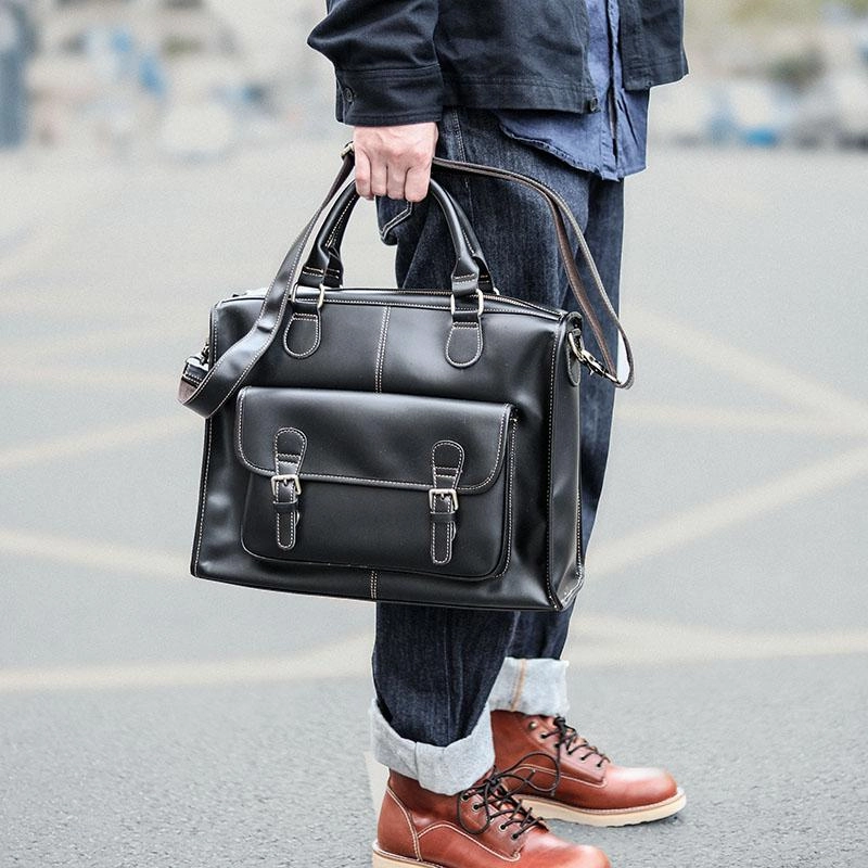 Handmade Black Mens Leather Briefcase Work Handbag Dark Brown 14'' Computer Briefcase For Men Timeless Craftwork Classic Vibe