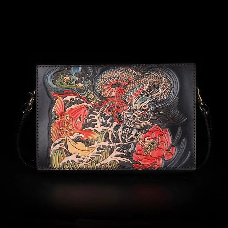 Lightweight Functionality Trendy Carry Handmade Black Tooled Dragon Carp Leather Clutch Wristlet Bag Messenger Bag Side Bag For Men
