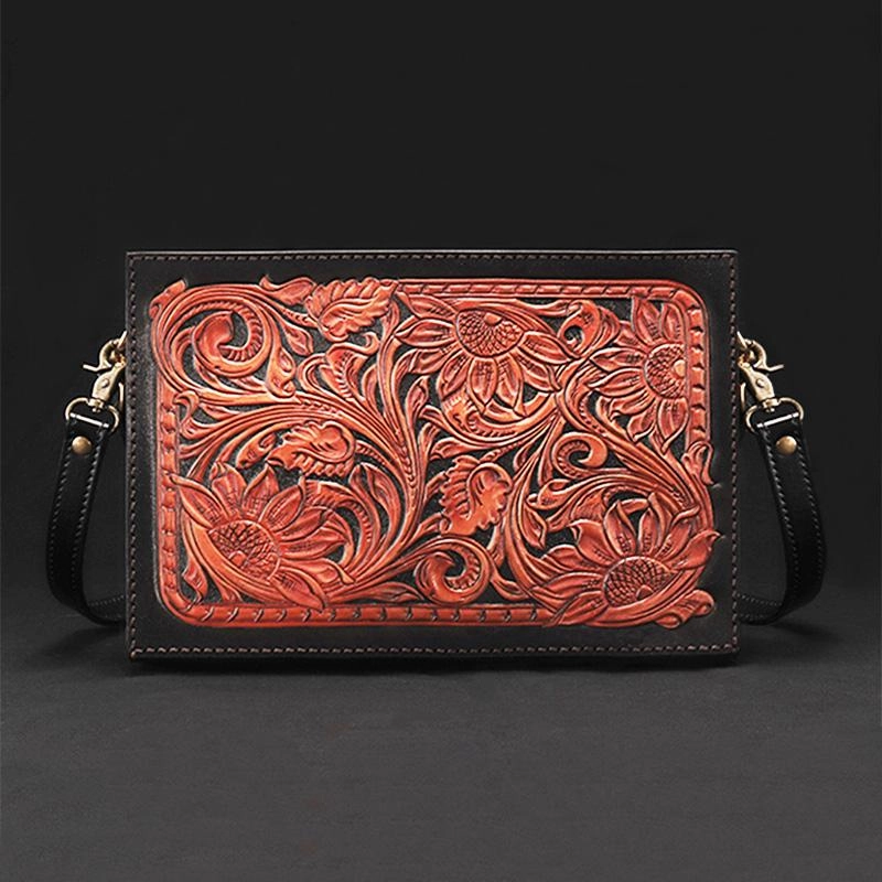 Handmade Black Tooled Floral Leather Messenger Bags Side Bag Clutch Wristlet Bag For Men Casual Companion Daily Storage