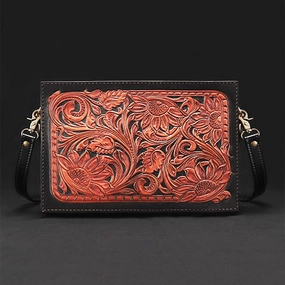 Handmade Black Tooled Floral Leather Messenger Bags Side Bag Clutch Wristlet Bag For Men Casual Companion Daily Storage