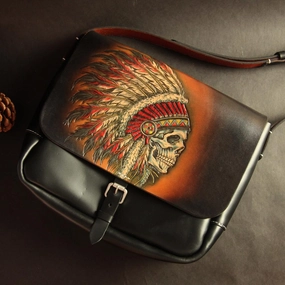 Stylish Edge Handmade Black Tooled Indian Chief Skull Leather Courier Bag Messenger Bag For Men