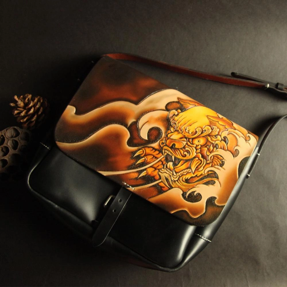 Handmade Black Tooled Indian Chief Skull Leather Courier Bag Messenger Bag For Men Casual Function Daily Commute