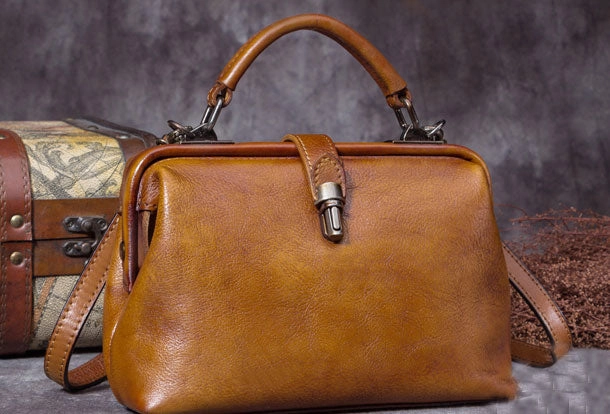 Trendy Fashion Cool Tone Handmade Coffee&Tan Leather Handbag Vintage Doctor Bag Shoulder Bag Purse For Women