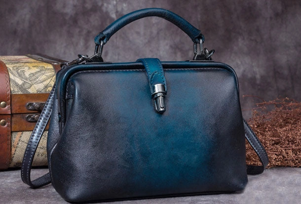 Portable Style Handmade Coffee&Tan Leather Handbag Vintage Doctor Bag Shoulder Bag Purse For Women