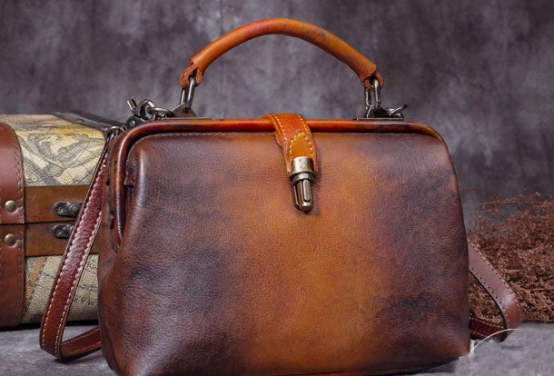 Handmade Coffee&Tan Leather Handbag Vintage Doctor Bag Shoulder Bag Purse For Women Contemporary Flair
