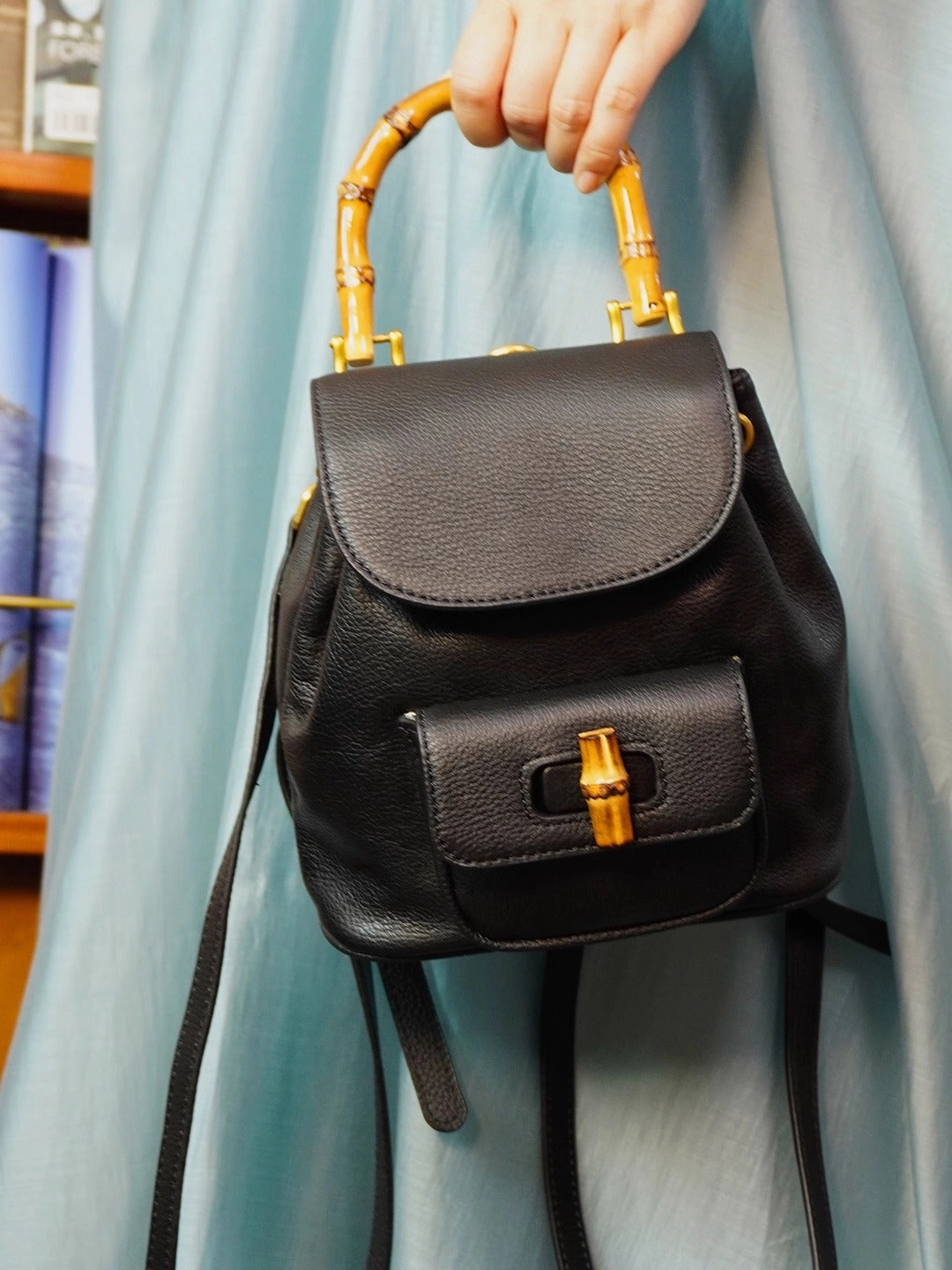 Gym Essentials Handmade Cowhide Leather Mini Bamboo Convertible Backpack | Leather Drawstring Shoulder & Handbag for Women