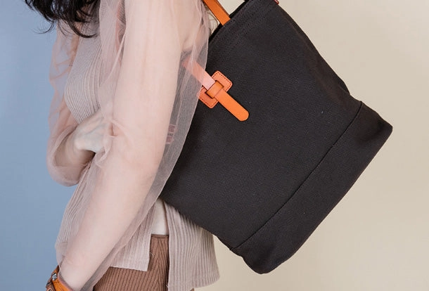 Modern Aesthetic Handmade Genuine Leather Canvas Handbag Tote Shopper Bag Purse Handbag Shoulder Bag Purse For Women