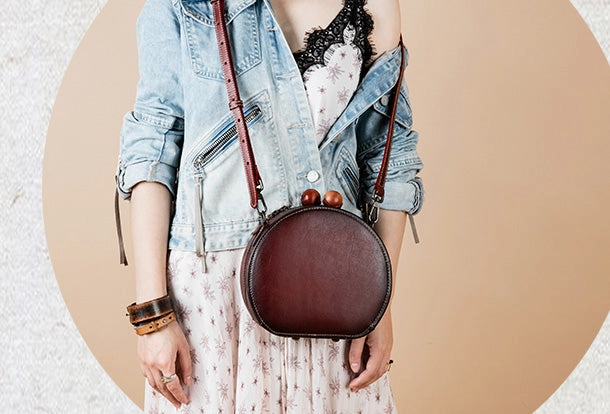 Handmade Genuine Leather Round Handbag Bag Crossbody Bag Shoulder Bag Purse For Women Minimal Style