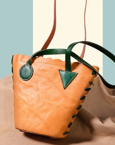 Compact Fashion Travel Essential Handmade Genuine Leather Shopper Bag Bucket Bag Shoulder Bag Purse For Women