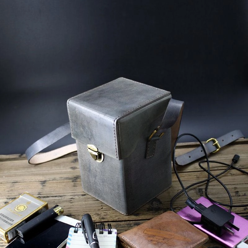 Everyday Use Handmade Gray Leather Mens Small Box Bag Shoulder Bag Messenger Bag for Men