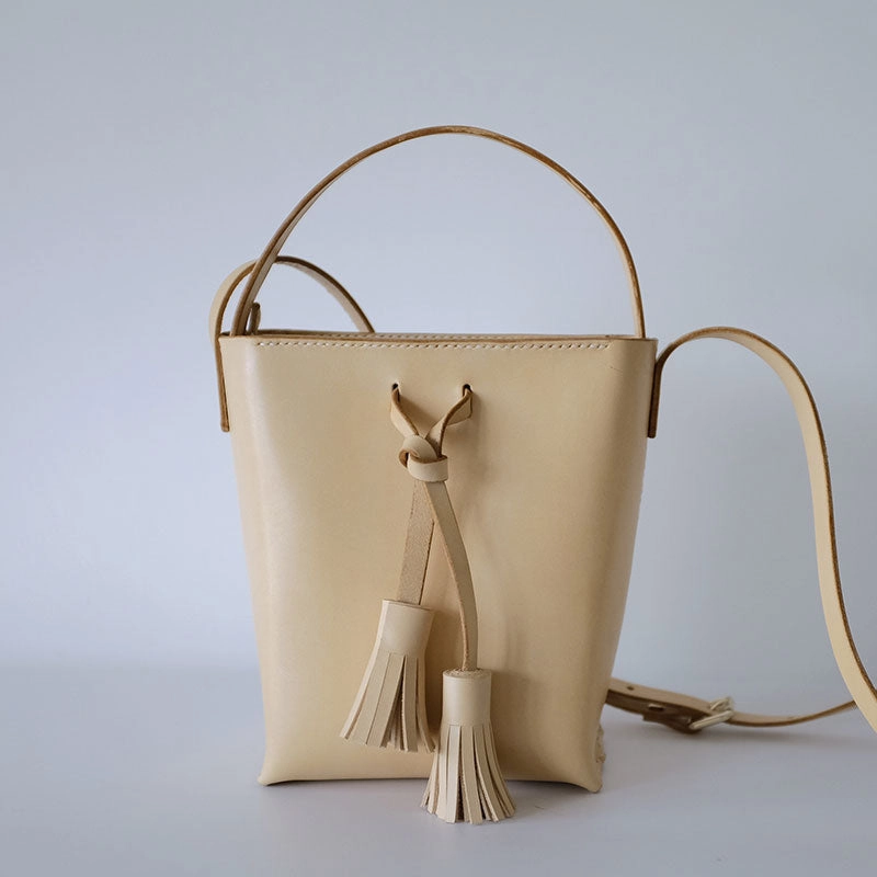 Handmade Leather Beige Womens Handbag Bucket Purse Barrel Shoulder Bags for Women Workwear Accessory