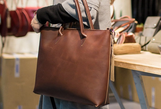 Refined Aesthetic Daily Elegance Handmade Leather big handbag dark coffee brown for women leather shoulder bag