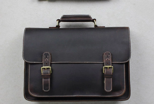 Handmade leather men Briefcase messenger dark coffee shoulder bag vintage bag Adjustable Strap