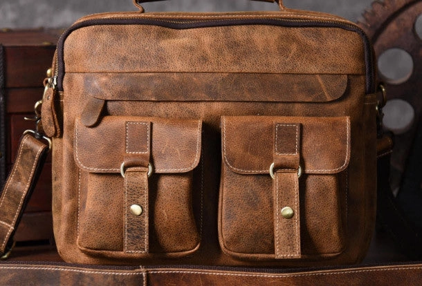 Handmade leather men Vintage Messenger bag Briefcase Cool Shoulder bag for Men Compact Utility