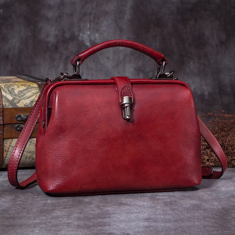 Handmade Red Leather Handbag Vintage Doctor Bag Shoulder Bag Purse For Women Elegant Appeal