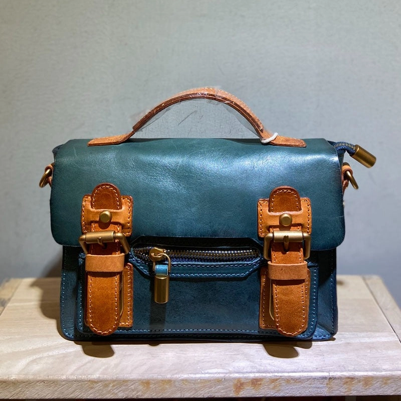 Handmade Small Leather Womens Satchel Shoulder Bags Blue Handbag Crossbody Purse for Ladies Fashion Statement