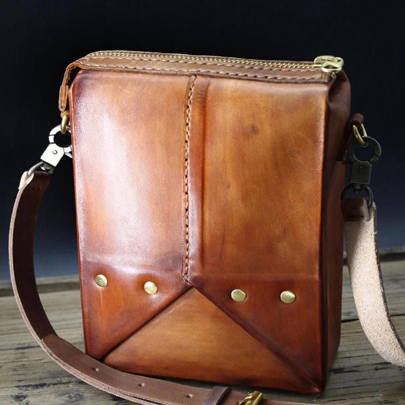 Handmade Vintage Brown Leather Mens Box Bag Shoulder Bag Messenger Bag for Men Fashion Comfort Outdoor Function