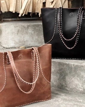 Handmade vintage rustic leather normal size tote bag shoulder bag handbag for women Minimal Accent Work Function