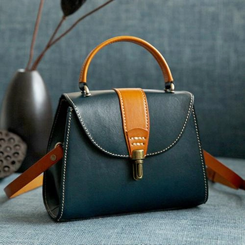 Lightweight Comfort Refined Touch Handmade Women's Blue Leather Handbags Purse Vintage Small Handbag Shoulder Bag Purse