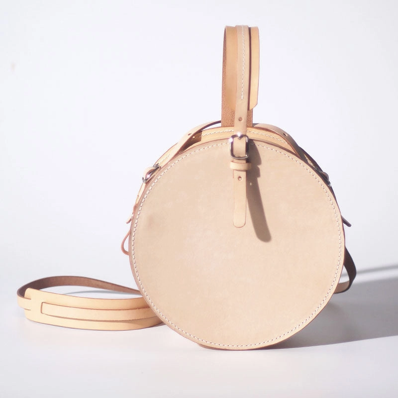 Luxury Appeal Smooth Surface Handmade Womens Beige Leather Circle Handbag Round Purse Crossbody Bag for Women