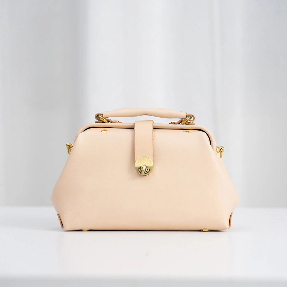 Handmade Womens Beige Small Leather Doctor Handbag Side Purse Doctor Purse for Women Practical Piece Minimal Choice