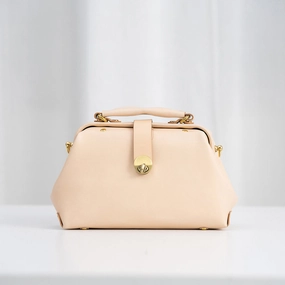 Handmade Womens Beige Small Leather Doctor Handbag Side Purse Doctor Purse for Women Elegant Appeal