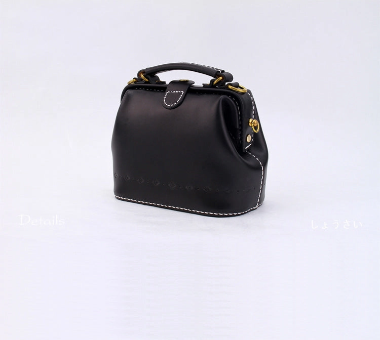 Compact Appearance Versatile Fashion Handmade Womens Black Leather Small doctor Handbag shoulder doctor bags for women