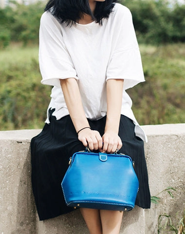 Daytime use Handmade Womens Blue Leather Doctor Handbag Blue Shoulder Doctor Bags Purse for Women