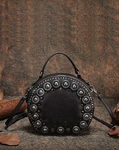 Handmade Womens Brown Leather Round Handbag Purses Rivet Round Shoulder Bag Crossbody Handbag for Women Weekend Travel
