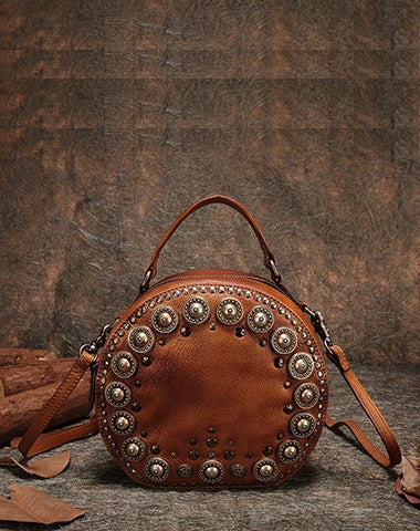 Handmade Womens Brown Leather Round Handbag Purses Rivet Round Shoulder Bag Crossbody Handbag for Women Elegant Outfit