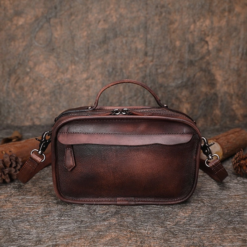 Water Resistant Handmade Womens Coffee Leather Mini Satchel Shoulder Bag Best Handbag Cube Crossbody Purses for Ladies