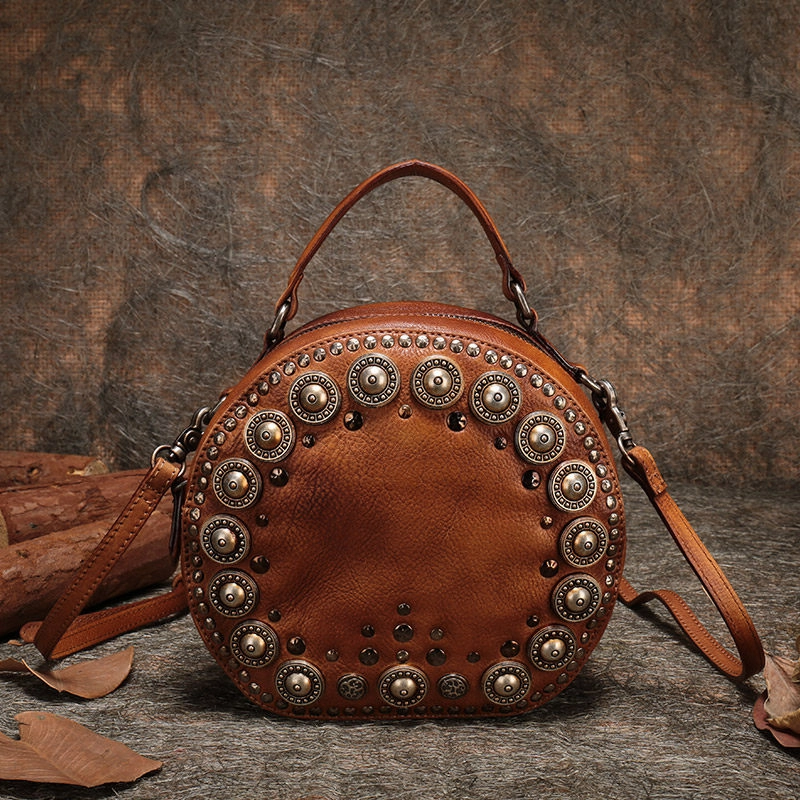 Handmade Womens Gray Leather Round Handbag Purses Rivet Round Shoulder Bag Crossbody Handbag for Women Business casual