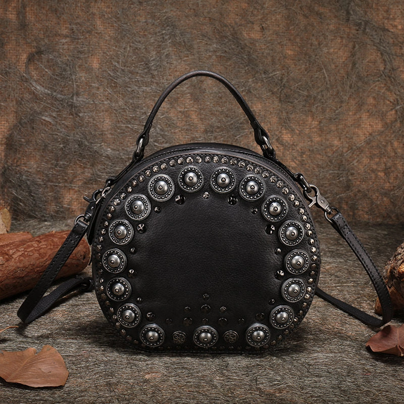 Earth Palette Functional Choice Handmade Womens Gray Leather Round Handbag Purses Rivet Round Shoulder Bag Crossbody Handbag for Women