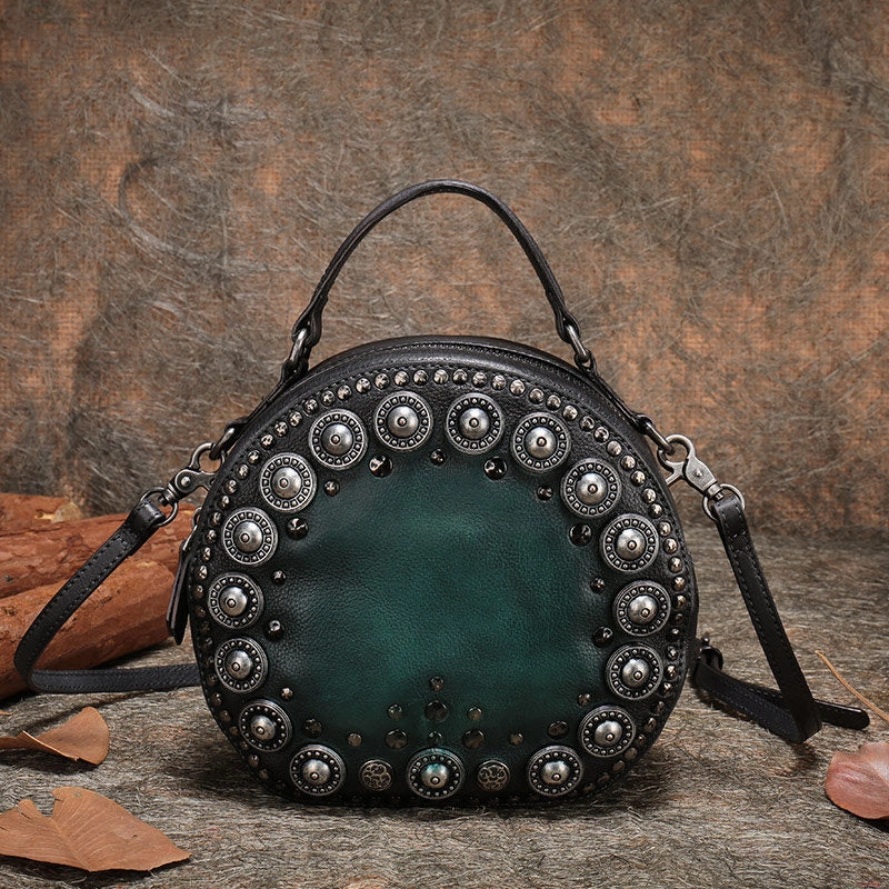 Minimal Utility Handmade Womens Gray Leather Round Handbag Purses Rivet Round Shoulder Bag Crossbody Handbag for Women