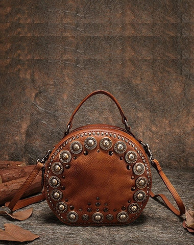 Daily Function Minimal Aesthetic Handmade Womens Green Leather Round Handbag Purses Rivet Round Shoulder Bag Crossbody Handbag for Women