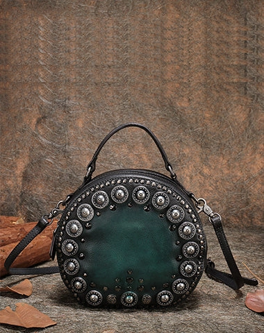 Handmade Womens Green Leather Round Handbag Purses Rivet Round Shoulder Bag Crossbody Handbag for Women Day Tripper Perfect Gift