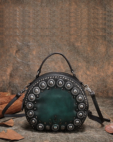 Compact Fashion Handmade Womens Green Leather Round Handbag Purses Rivet Round Shoulder Bag Crossbody Handbag for Women